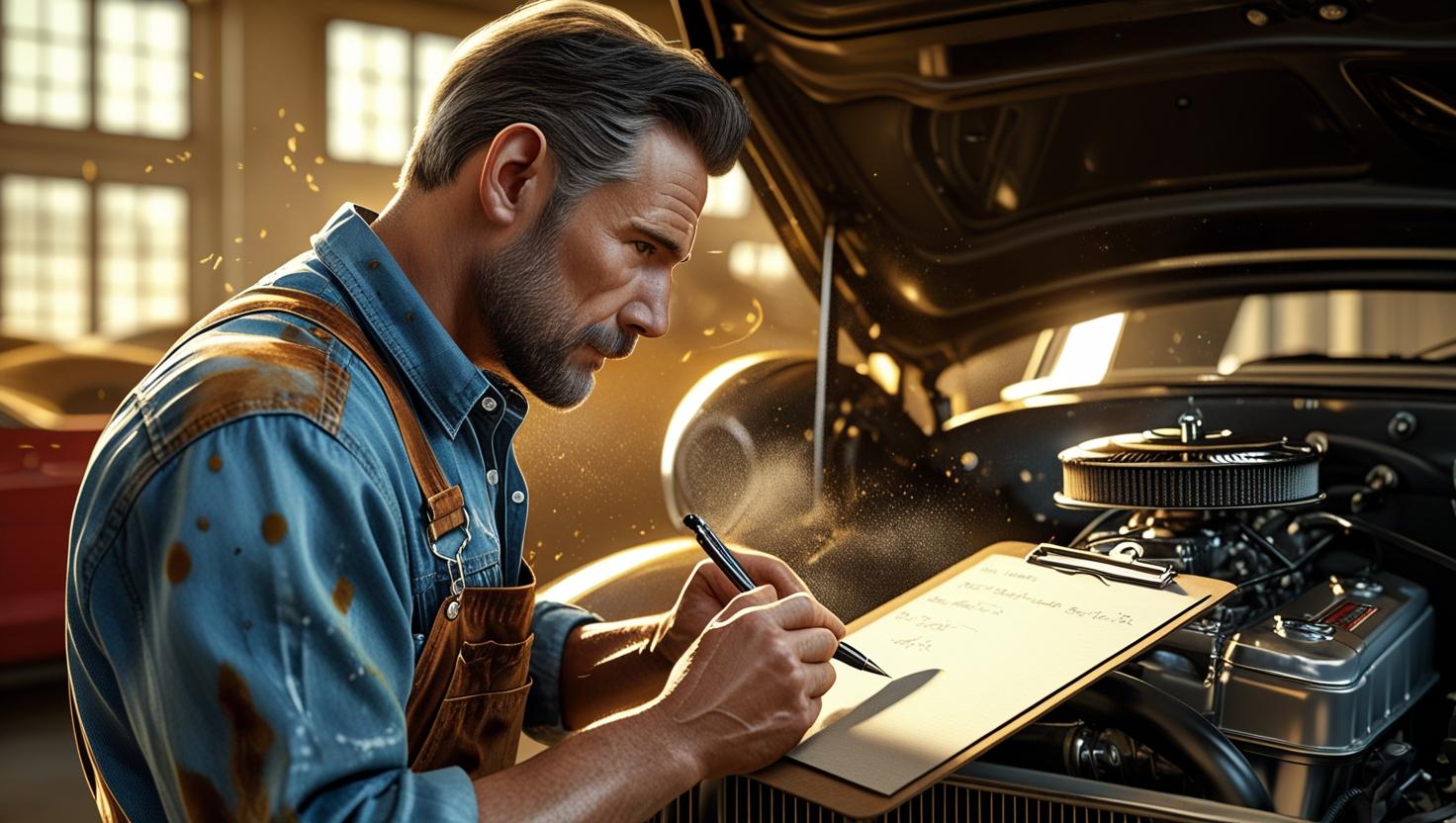 mécanicien qui vérifie l'état d'une voiture avec son bloc-notes