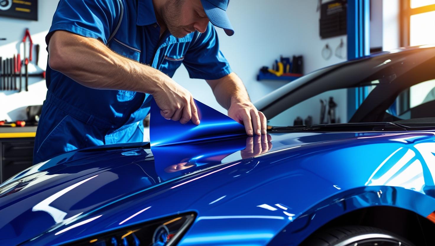un mécanicien qui change la couleur d'une voiture en plein covering