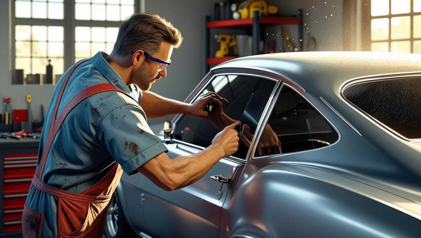 un mécanicien qui pose une vitre teintée sur une voiture